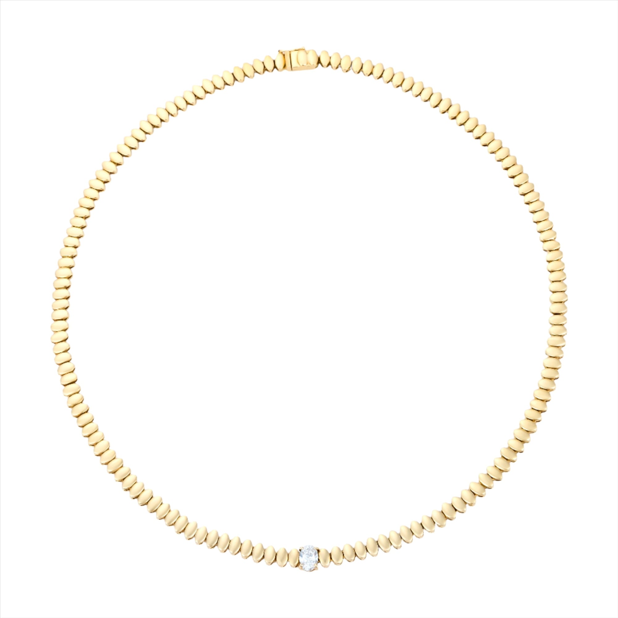 Elegant 14K yellow gold bead necklace featuring a single bezel-set 0.83ct oval-shaped diamond (G-H color, VS clarity) at the center, designed in a classic 16-inch length.