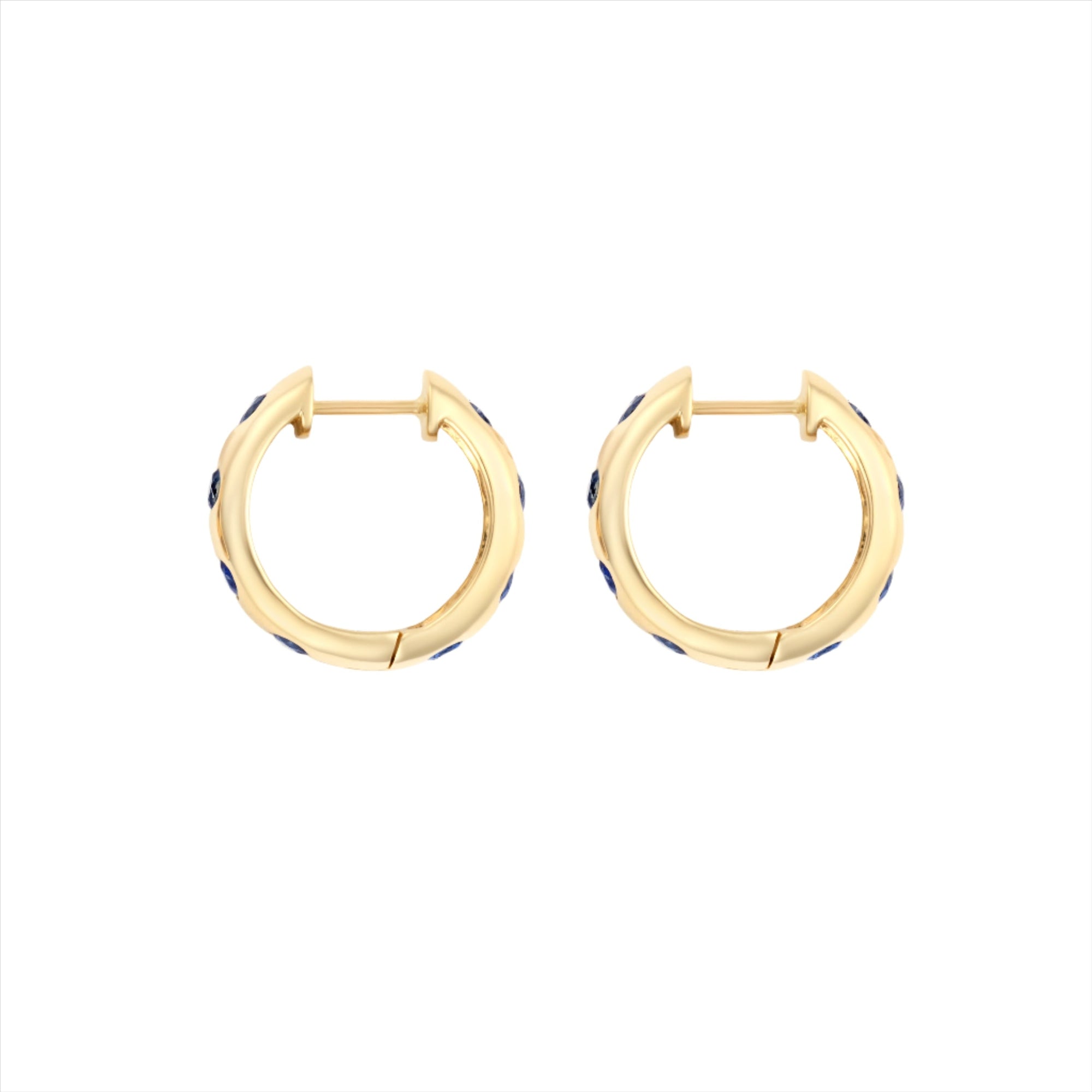 Striking 14K yellow gold huggie earrings featuring 1.79ct of vibrant blue sapphires, set in 1/2-inch wide hoops for a colorful and elegant everyday accessory.