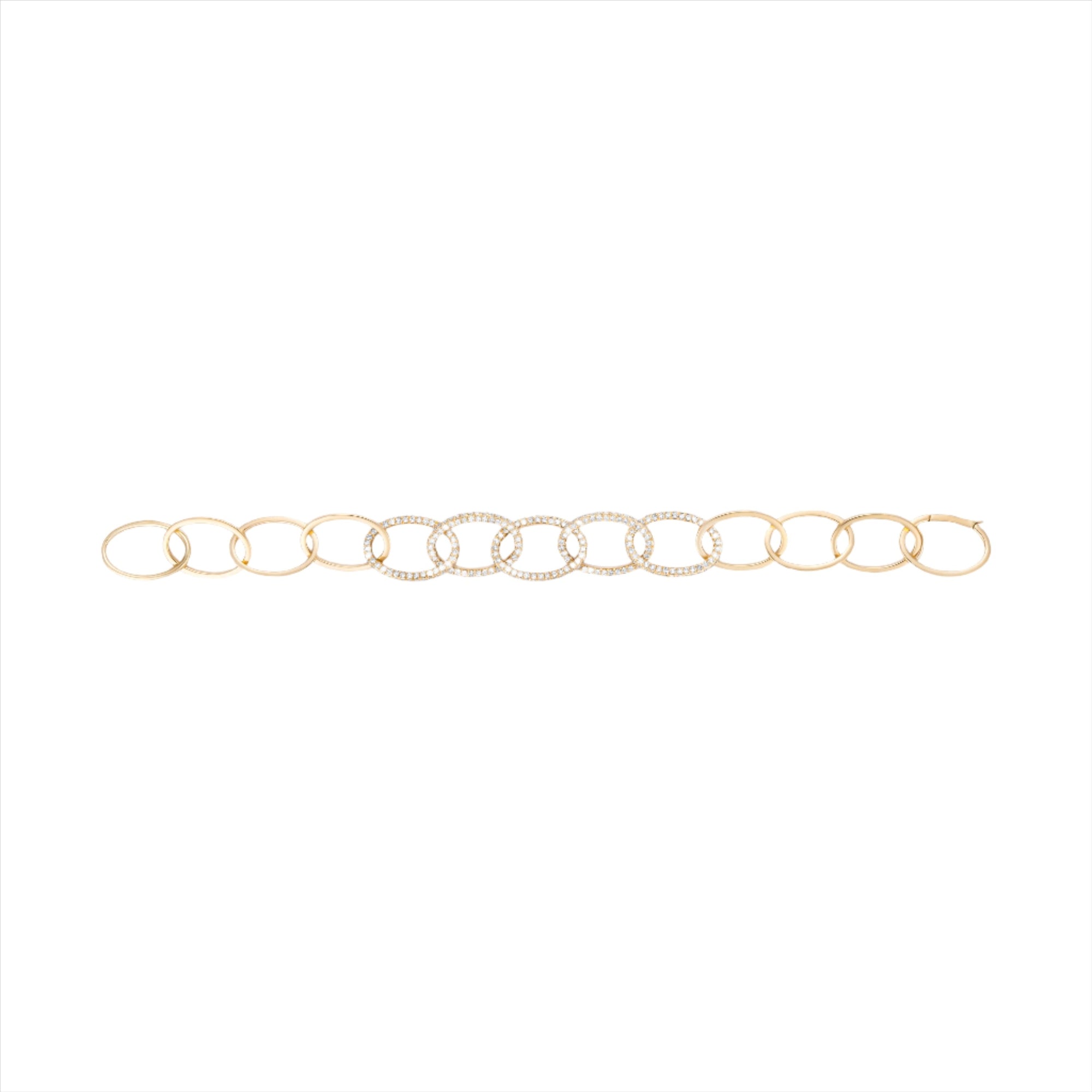 Handcrafted 14K yellow gold chain link bracelet featuring five interlocking links encrusted with 3.26ct of pavé diamonds. Made in Italy, 7 inches in length, and weighing 13.46g—elegant, bold, and timeless.