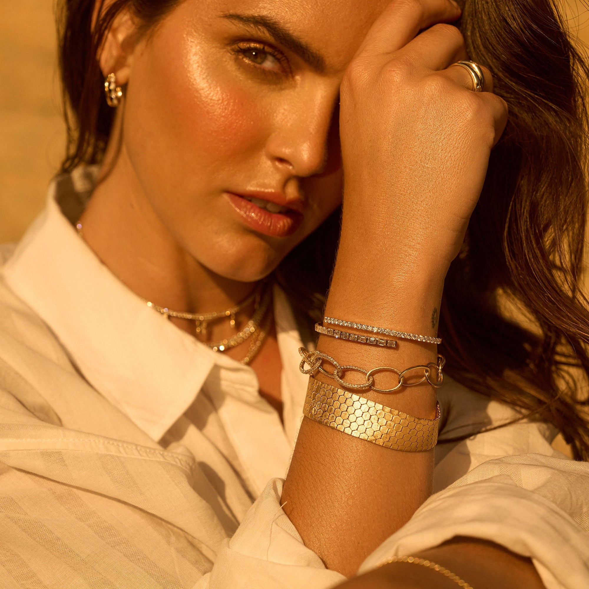Handcrafted 14K yellow gold chain link bracelet featuring five interlocking links encrusted with 3.26ct of pavé diamonds. Made in Italy, 7 inches in length, and weighing 13.46g—elegant, bold, and timeless.