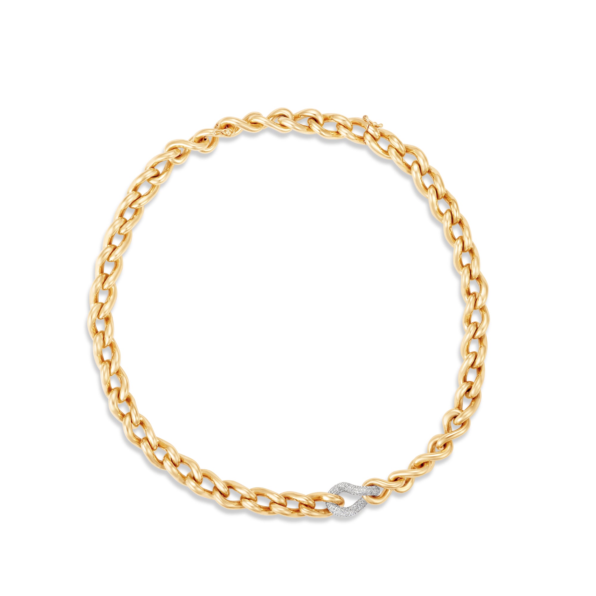 Exquisite 14K two-tone gold curb link chain necklace featuring a single accent link adorned with 498 pavé-set diamonds, offering a refined balance of elegance and luxury. Top Down view