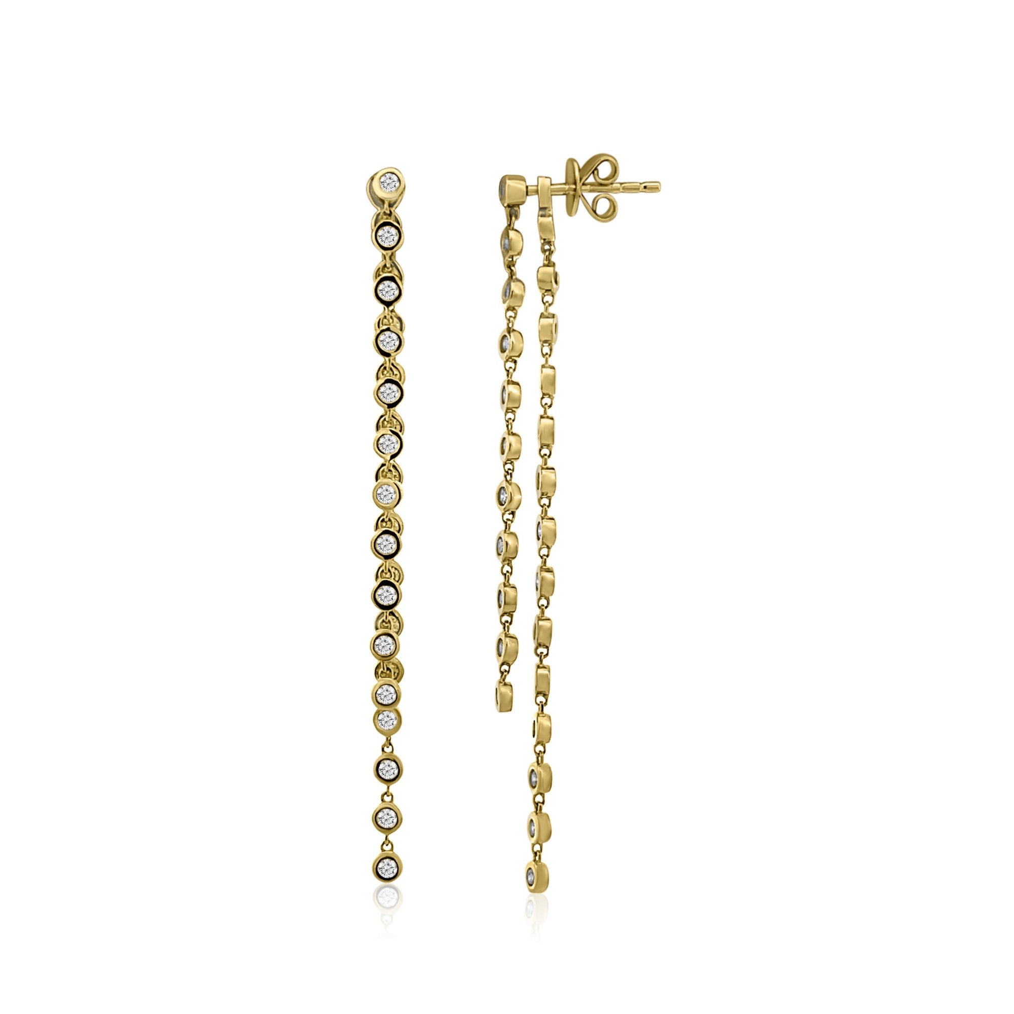 Versatile 14K yellow gold double dangle earrings featuring sparkling bezel-set diamond beads and a removable second drop, offering two stylish options for any occasion.