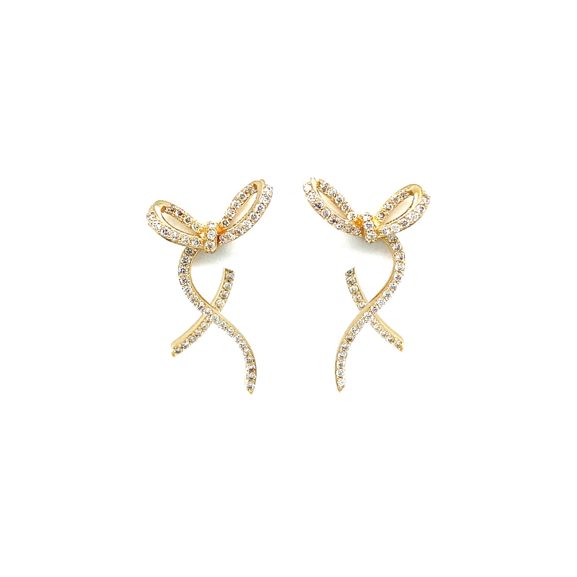 Charming 14K yellow gold bow stud earrings adorned with sparkling diamonds, offering a whimsical yet elegant touch to elevate any outfit. Front detail. 