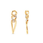 Chic 14K yellow gold chain link earrings featuring a diamond-encrusted link and an elongated pear-shaped link, adding sophistication and elegance to any outfit. Front and side angles. 