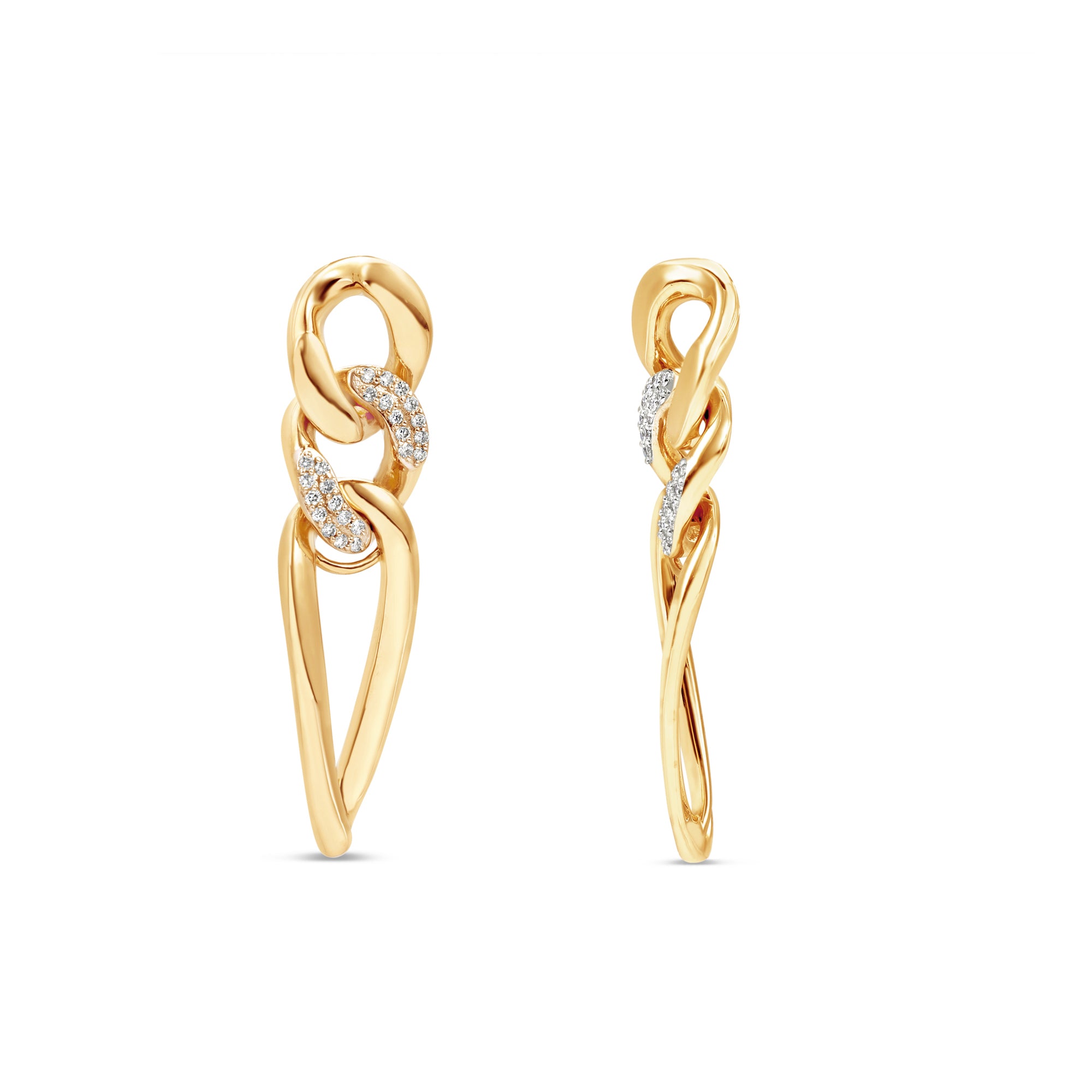 Chic 14K yellow gold chain link earrings featuring a diamond-encrusted link and an elongated pear-shaped link, adding sophistication and elegance to any outfit. Front and side angles. 