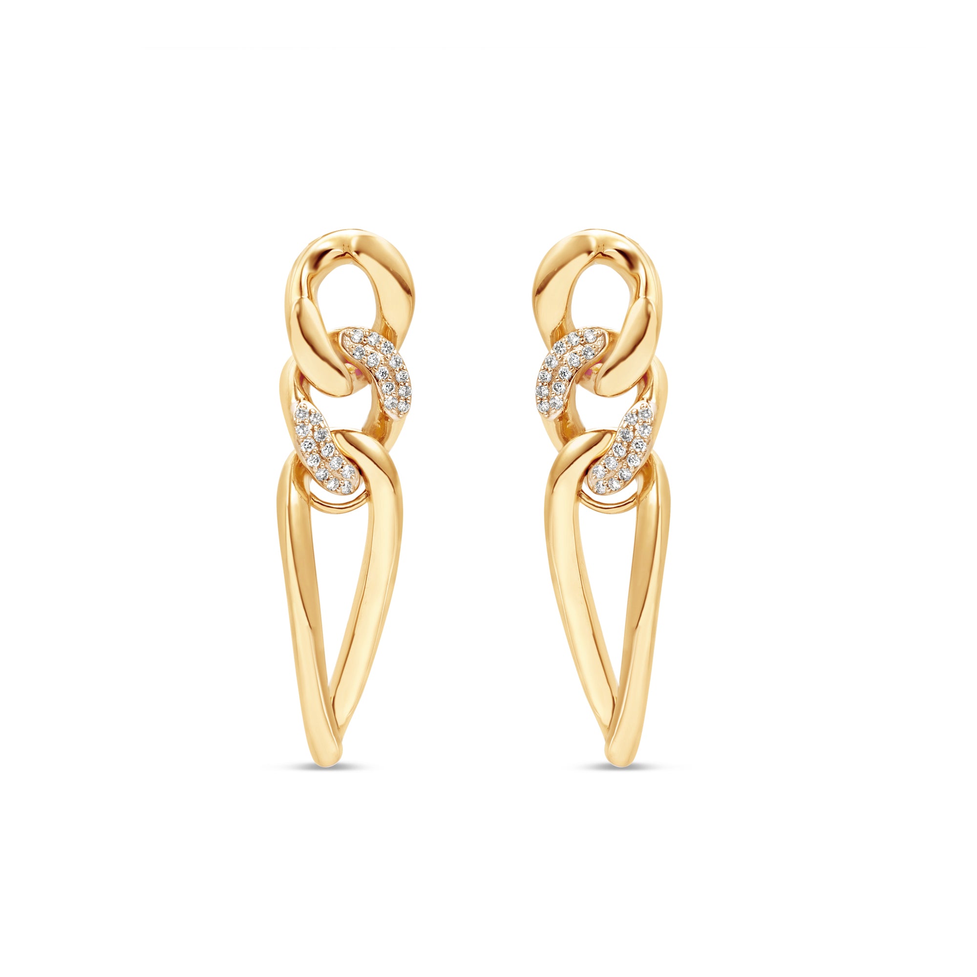 Chic 14K yellow gold chain link earrings featuring a diamond-encrusted link and an elongated pear-shaped link, adding sophistication and elegance to any outfit. Front view, close up. 