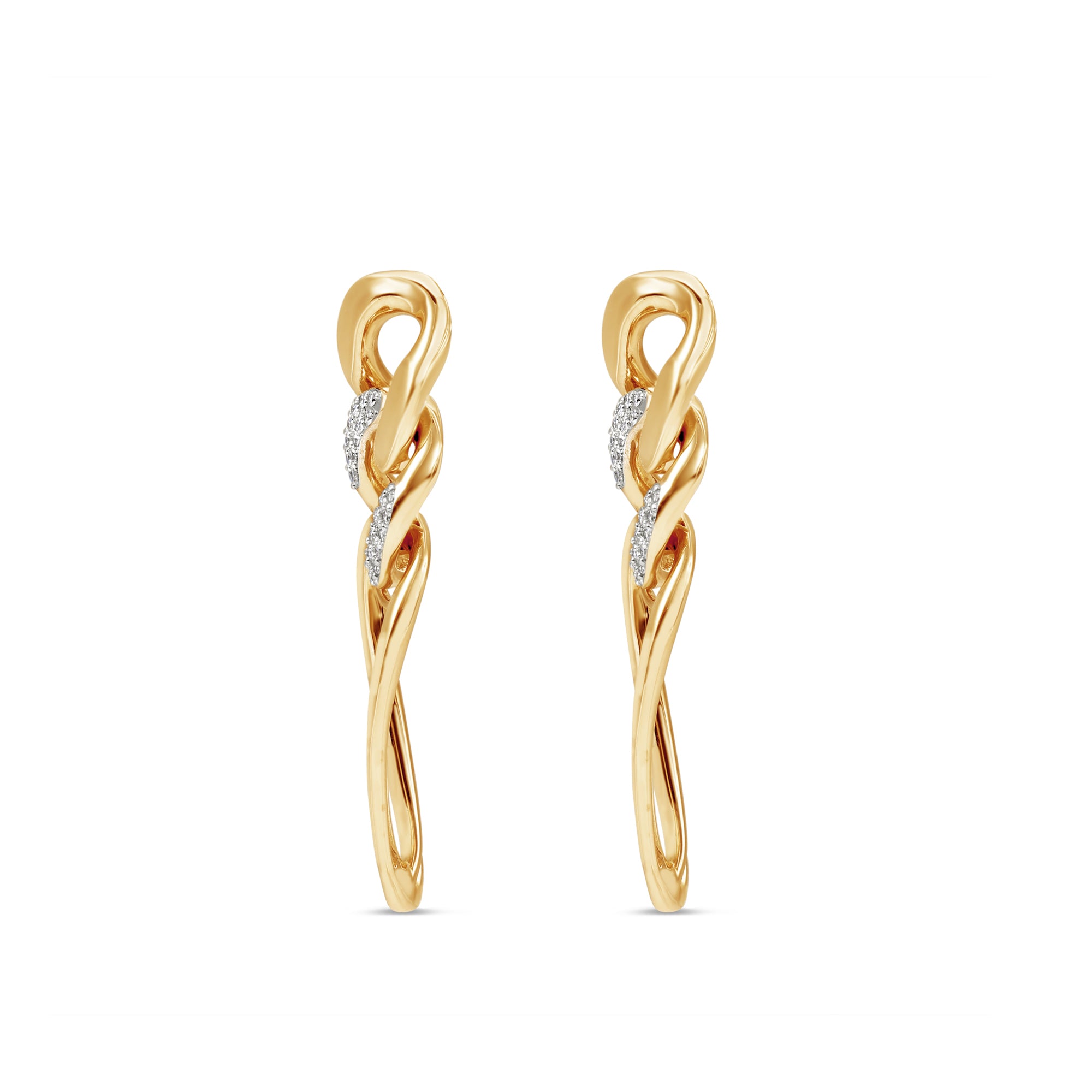 Chic 14K yellow gold chain link earrings featuring a diamond-encrusted link and an elongated pear-shaped link, adding sophistication and elegance to any outfit. Side angle close up. 