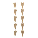Captivating 14K yellow gold folded heart drop earrings featuring a mesmerizing cascade of pavé-set white diamonds, radiating elegance and sophistication for any occasion. Close up. 