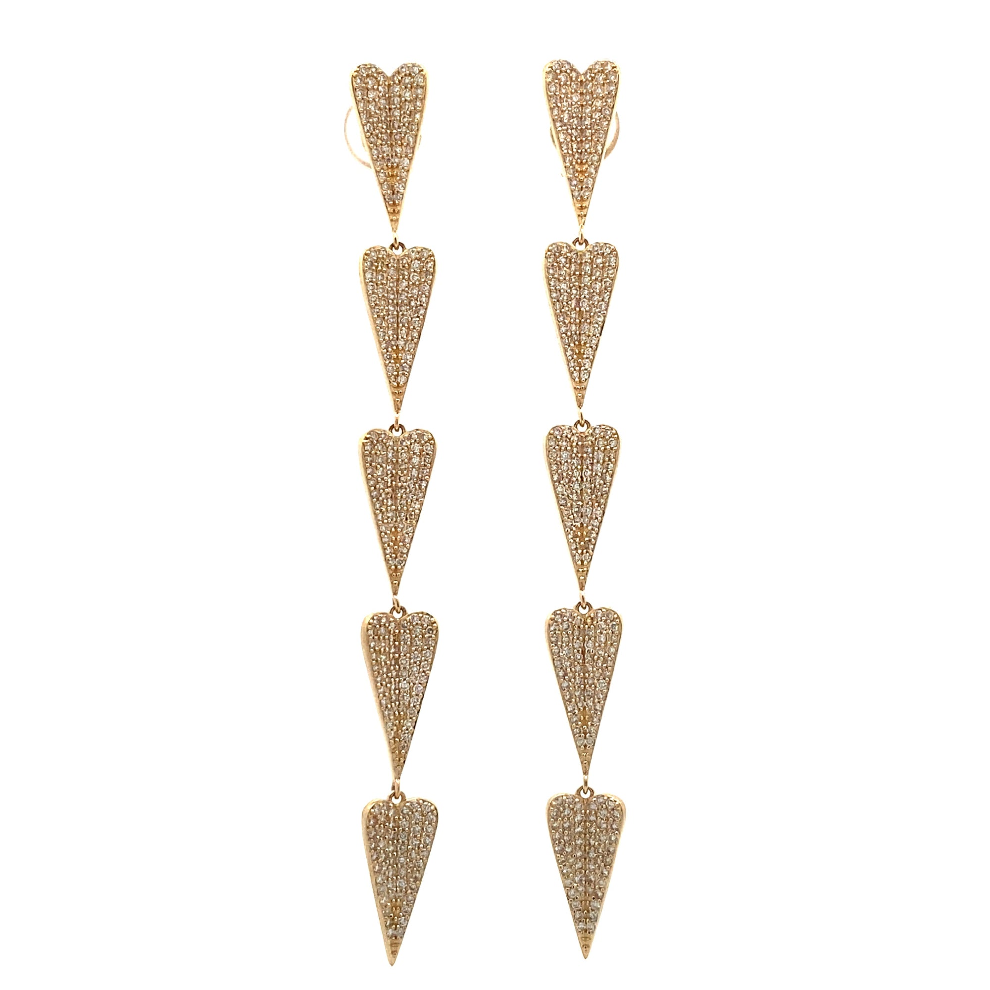 Captivating 14K yellow gold folded heart drop earrings featuring a mesmerizing cascade of pavé-set white diamonds, radiating elegance and sophistication for any occasion. Close up. 
