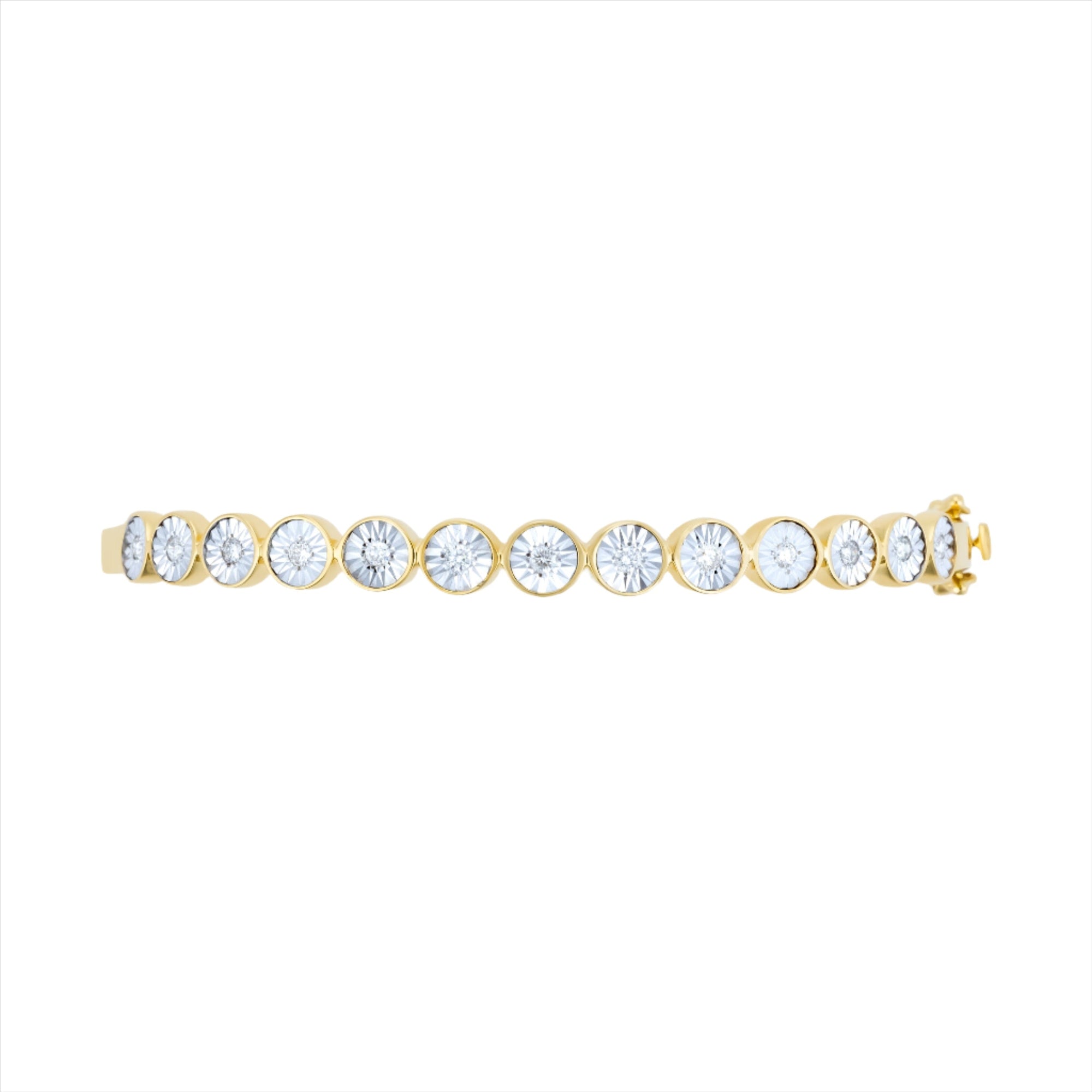 Elegant 14K yellow gold illusion bangle featuring 0.50ct of bezel-set diamonds. Total weight: 10.21g—sleek, modern, and perfect for stacking or wearing solo.