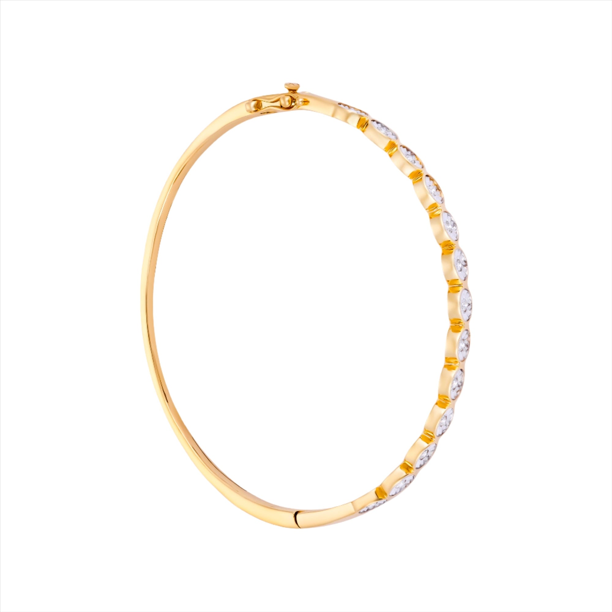 Elegant 14K yellow gold illusion bangle featuring 0.50ct of bezel-set diamonds. Total weight: 10.21g—sleek, modern, and perfect for stacking or wearing solo.