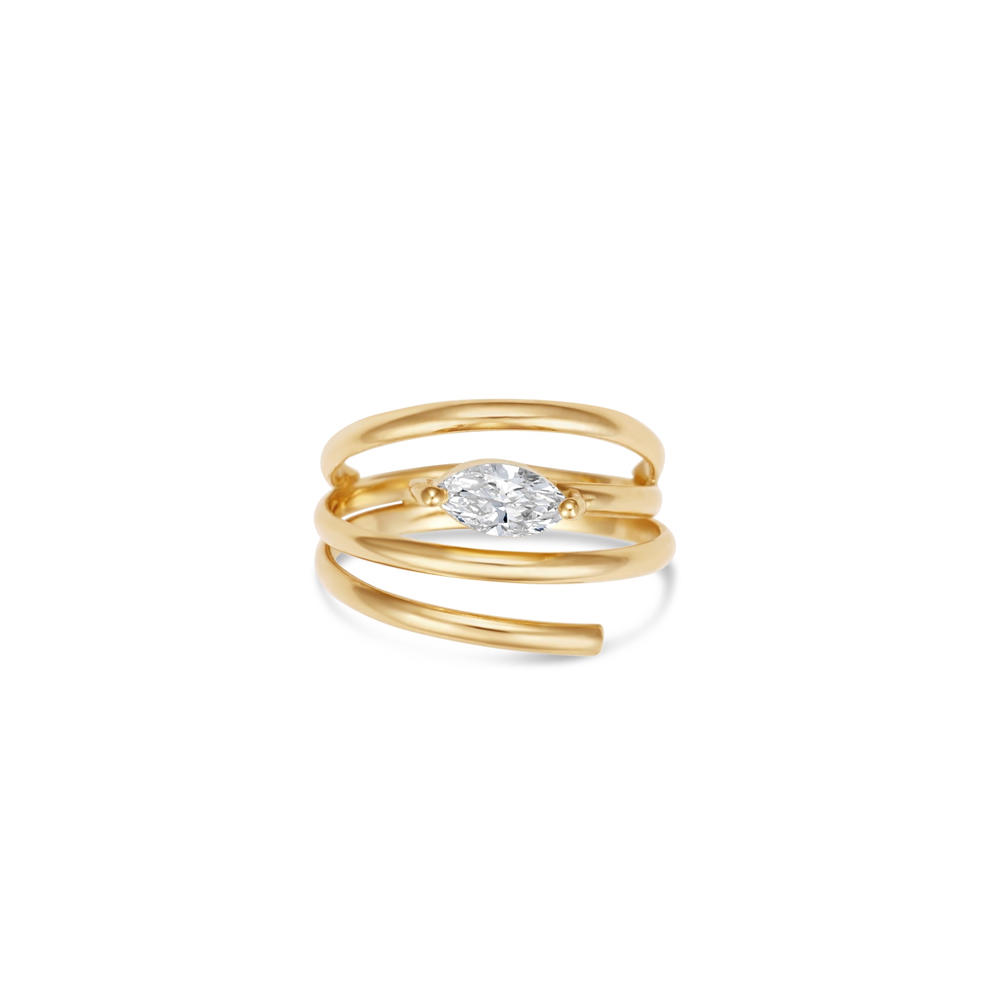 Elegant 14K yellow gold spiral ring featuring a sleek marquise-cut diamond, blending timeless luxury with modern minimalism, perfect for stacking or wearing alone. front view, close up 