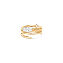 Elegant 14K yellow gold spiral ring featuring a sleek marquise-cut diamond, blending timeless luxury with modern minimalism, perfect for stacking or wearing alone. Front close up. 