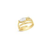 Elegant 14K yellow gold spiral ring featuring a sleek marquise-cut diamond, blending timeless luxury with modern minimalism, perfect for stacking or wearing alone. Angled to the side front. 
