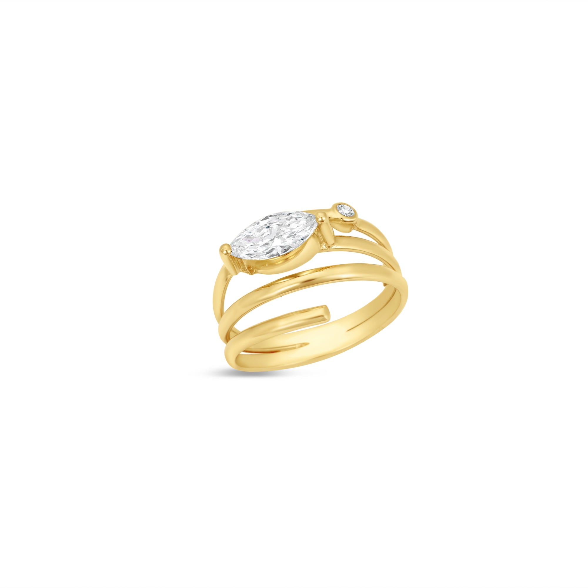 Elegant 14K yellow gold spiral ring featuring a sleek marquise-cut diamond, blending timeless luxury with modern minimalism, perfect for stacking or wearing alone. Angled to the side front. 