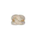 Luxurious braided knot ring crafted in 18K yellow gold, featuring an intricate design adorned with pavé-set diamonds, making a bold and sophisticated statement. Front view, close up. 