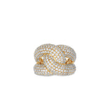 Luxurious braided knot ring crafted in 18K yellow gold, featuring an intricate design adorned with pavé-set diamonds, making a bold and sophisticated statement. Front view, close up. 