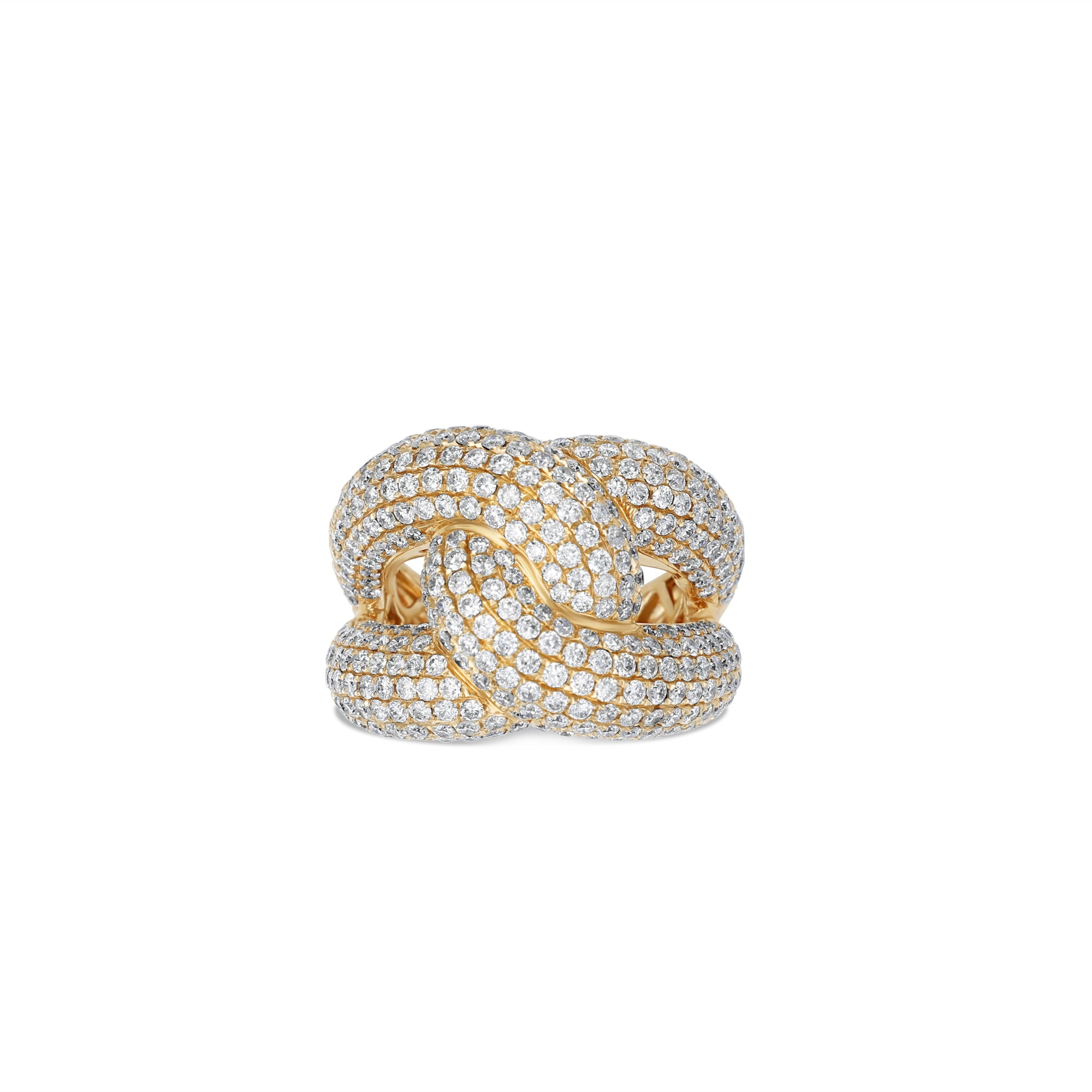 Luxurious braided knot ring crafted in 18K yellow gold, featuring an intricate design adorned with pavé-set diamonds, making a bold and sophisticated statement. Front view, close up. 