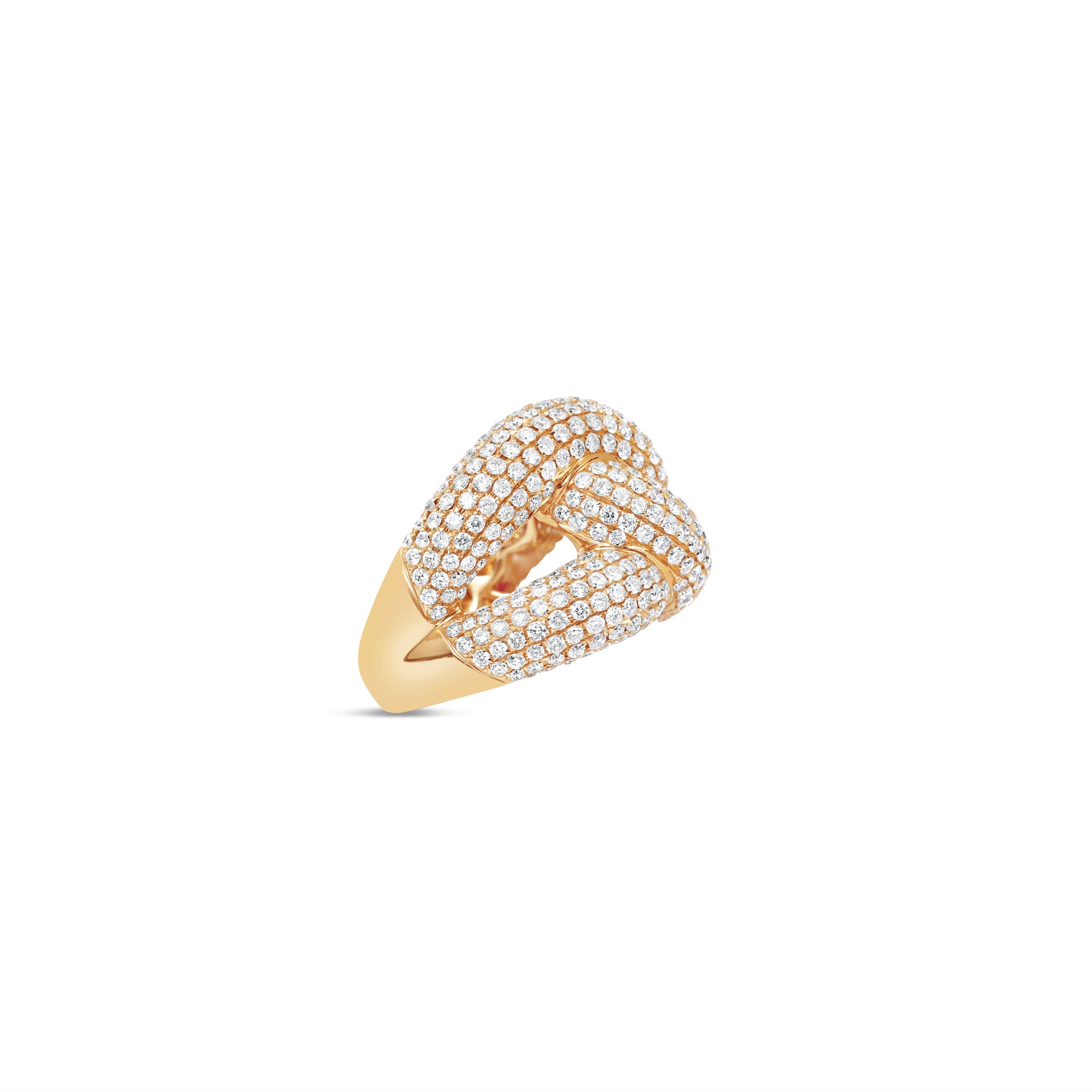 Luxurious braided knot ring crafted in 18K yellow gold, featuring an intricate design adorned with pavé-set diamonds, making a bold and sophisticated statement. Side view, close up. 