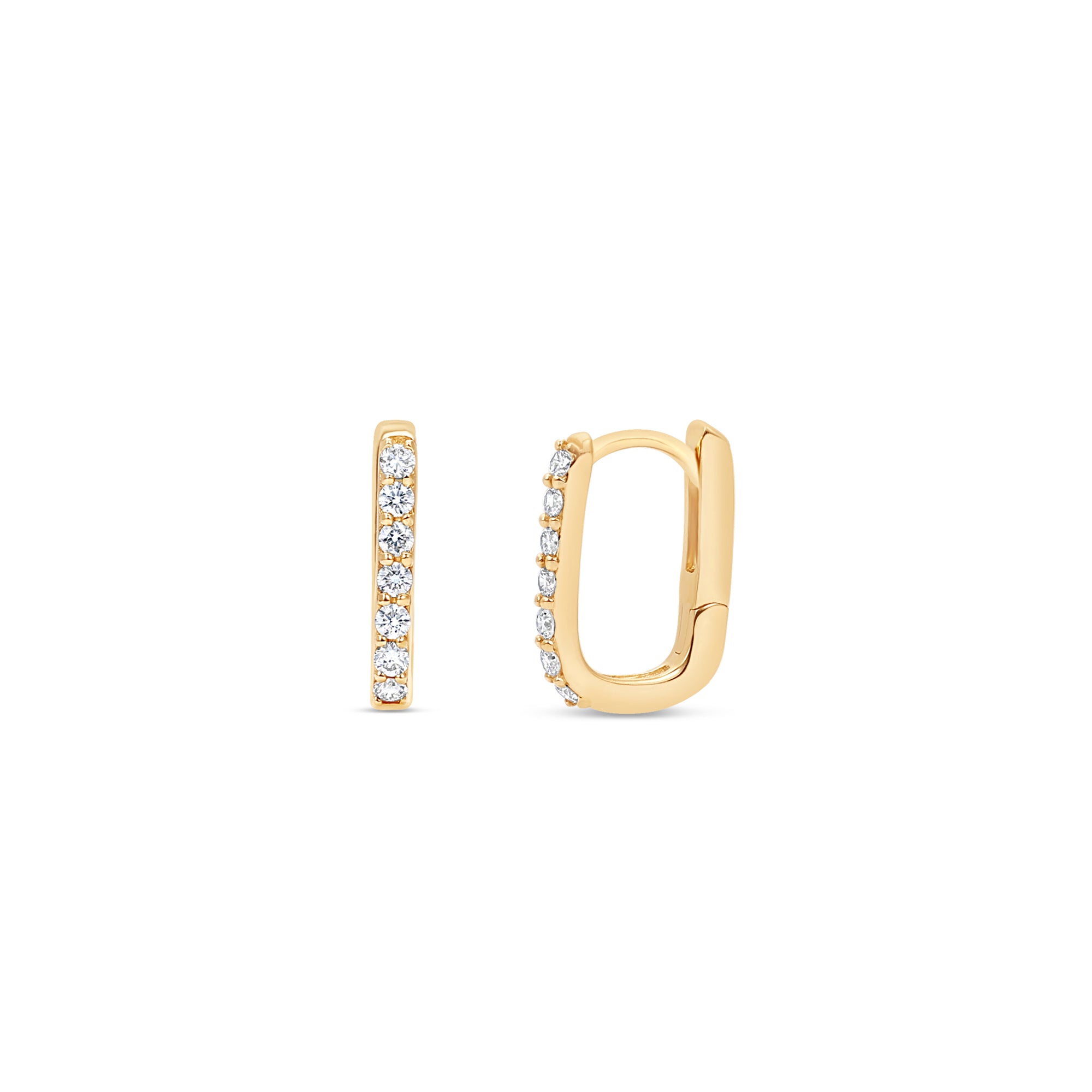 Exquisite 14K yellow gold rectangular huggie earrings adorned with dazzling diamonds, offering a sleek and modern design perfect for everyday wear or special occasions. Detail of front and side angles
