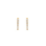 Exquisite 14K yellow gold rectangular huggie earrings adorned with dazzling diamonds, offering a sleek and modern design perfect for everyday wear or special occasions. Close up of front. 