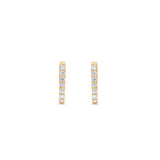 Exquisite 14K yellow gold rectangular huggie earrings adorned with dazzling diamonds, offering a sleek and modern design perfect for everyday wear or special occasions. Close up of front. 