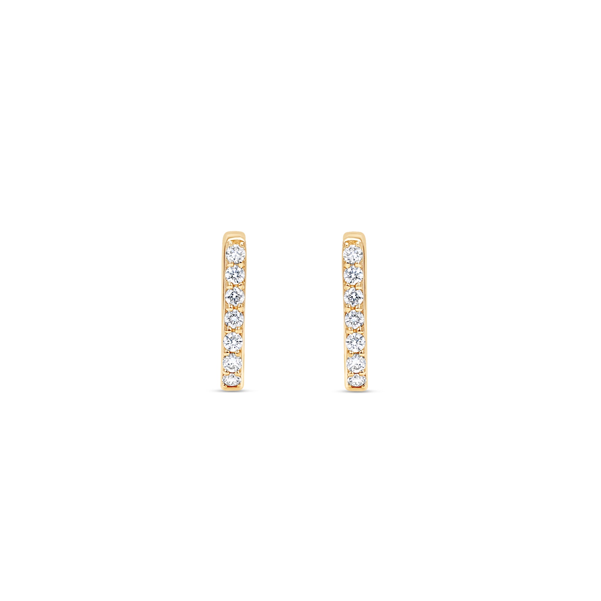 Exquisite 14K yellow gold rectangular huggie earrings adorned with dazzling diamonds, offering a sleek and modern design perfect for everyday wear or special occasions. Close up of front. 