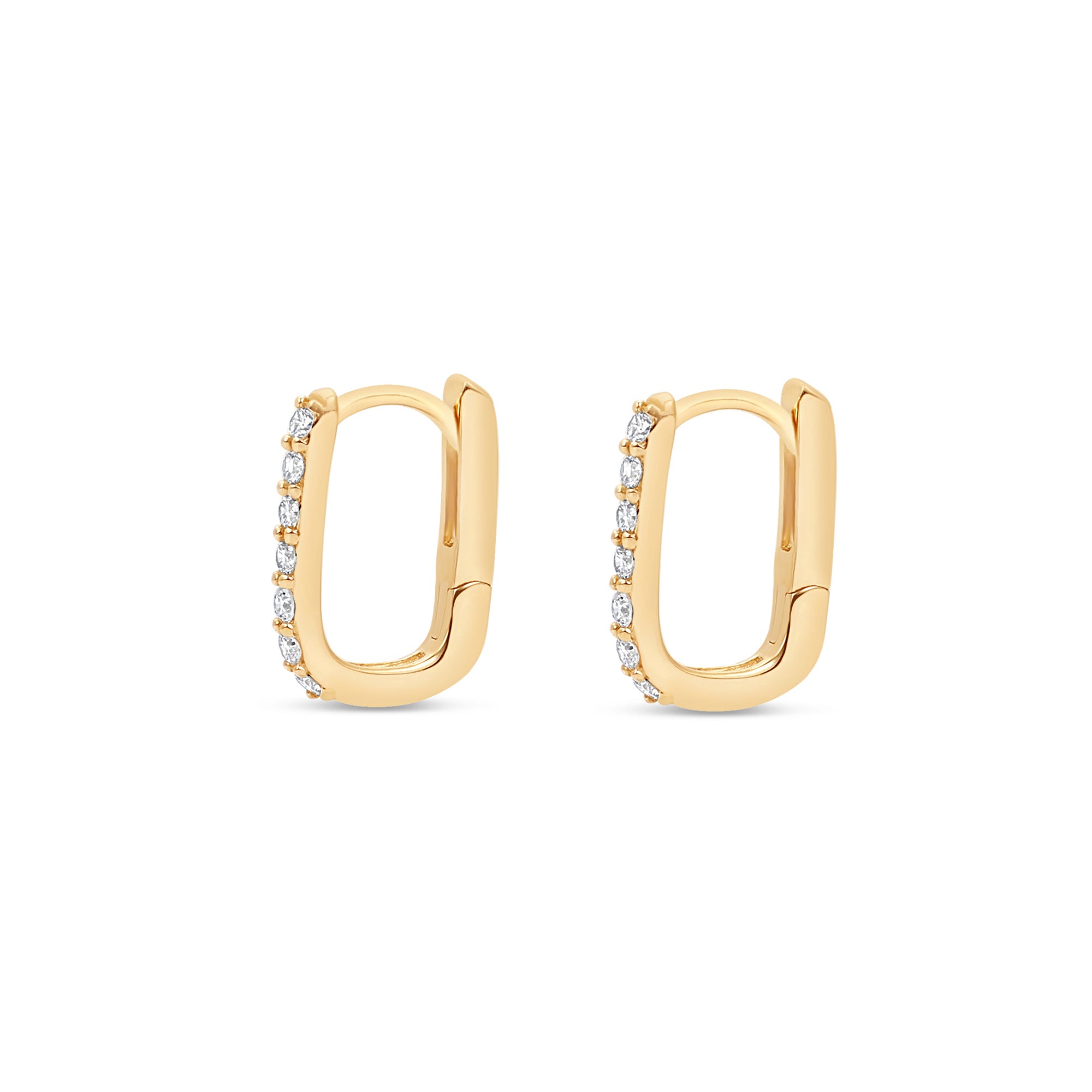 Exquisite 14K yellow gold rectangular huggie earrings adorned with dazzling diamonds, offering a sleek and modern design perfect for everyday wear or special occasions. Close up of side. 