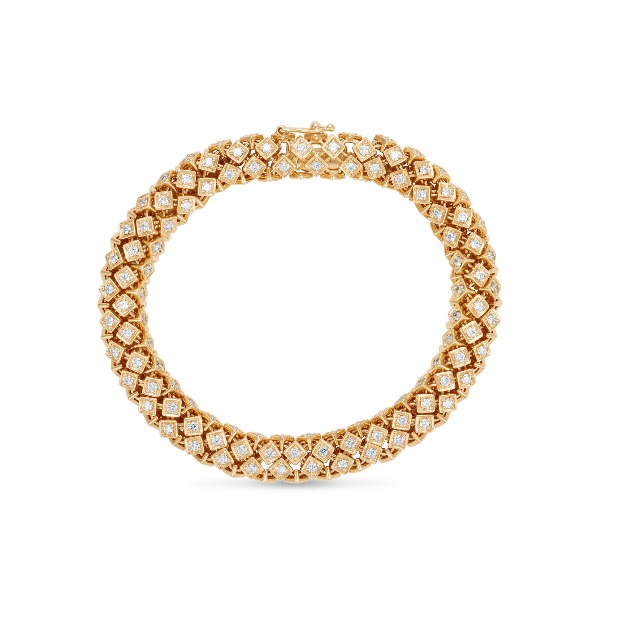 Luxurious 14K yellow gold rope bracelet featuring an intricate woven design accented with dazzling diamonds, blending timeless sophistication with modern brilliance for a stunning statement piece. Close up front view. 