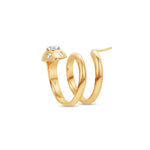 Nature-inspired 14K yellow gold serpent wrap ring featuring exquisite details and sparkling diamonds on its head, adding a touch of enchantment and elegance to any jewelry collection. Close up detail on its side. 