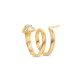 Nature-inspired 14K yellow gold serpent wrap ring featuring exquisite details and sparkling diamonds on its head, adding a touch of enchantment and elegance to any jewelry collection. Close up detail on its side. 