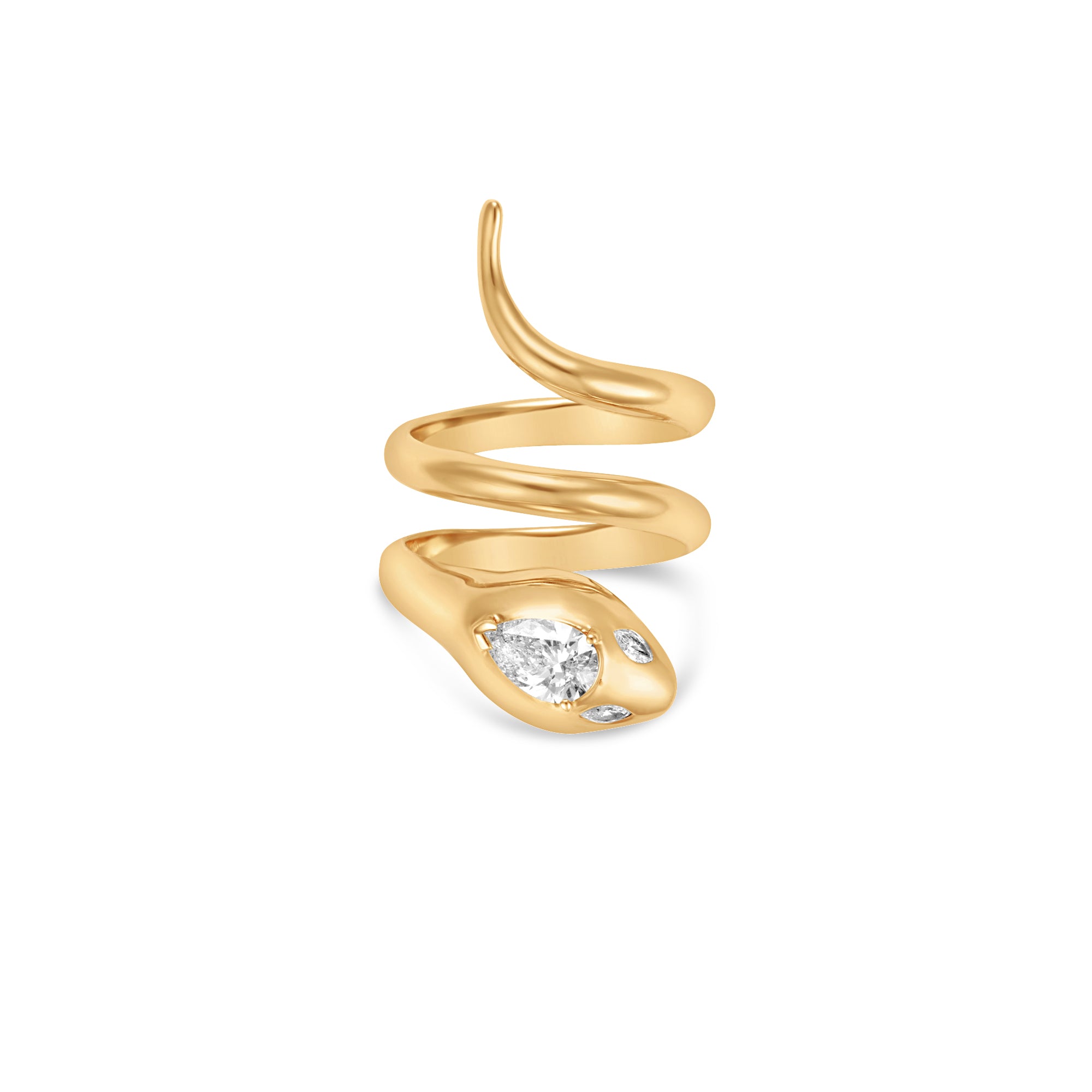 Nature-inspired 14K yellow gold serpent wrap ring featuring exquisite details and sparkling diamonds on its head, adding a touch of enchantment and elegance to any jewelry collection. Front close up.