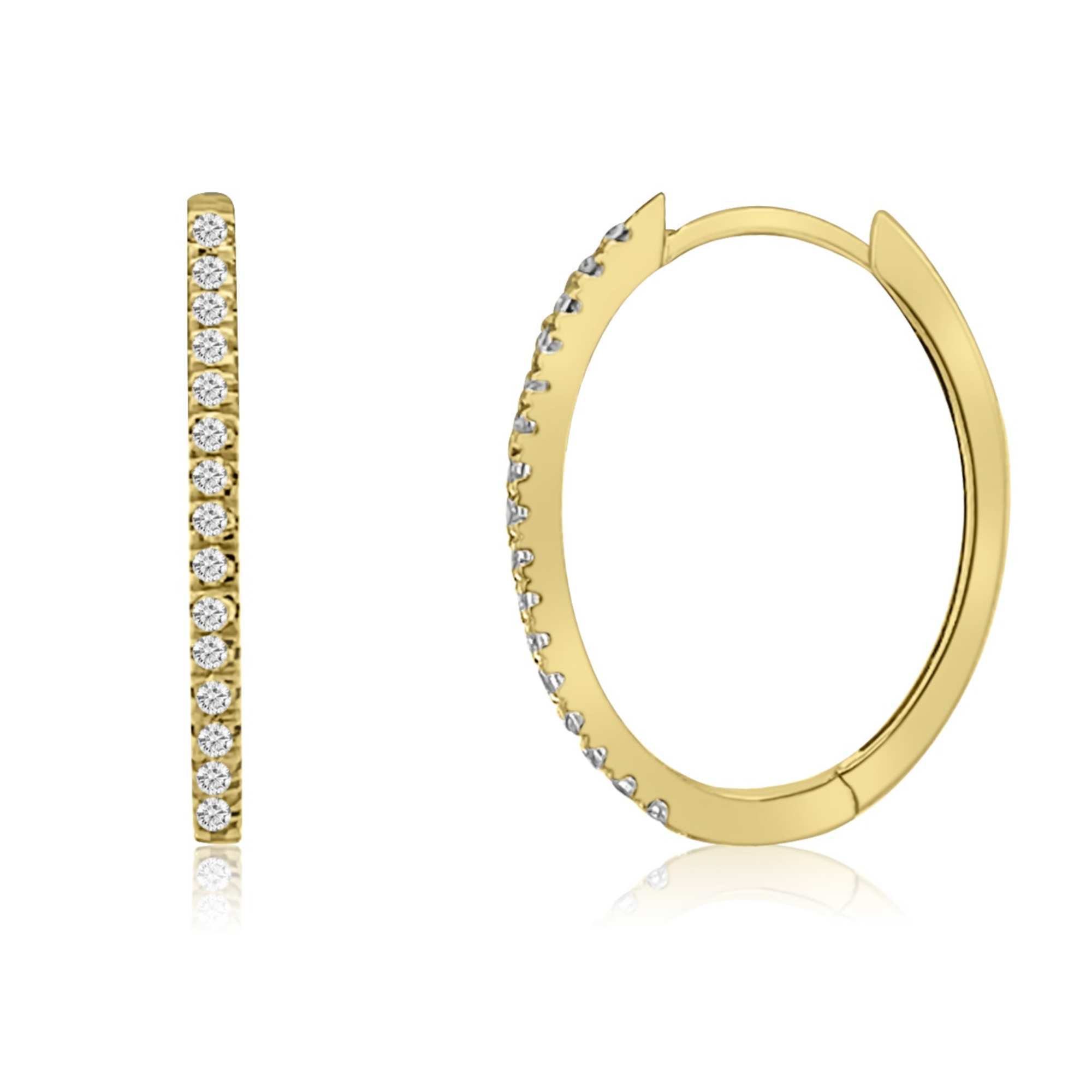 Elegant 14K yellow gold small oval hoop earrings adorned with sparkling diamonds, offering a timeless design perfect for both casual and formal occasions. Close up of side and front. 