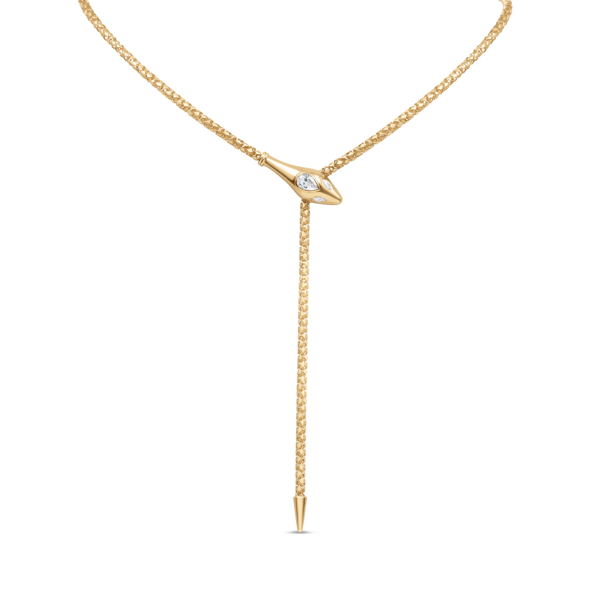Exquisite diamond snake chain necklace crafted in 14K yellow gold, featuring a sleek serpentine design adorned with brilliant diamonds and an adjustable fit for versatile elegance.