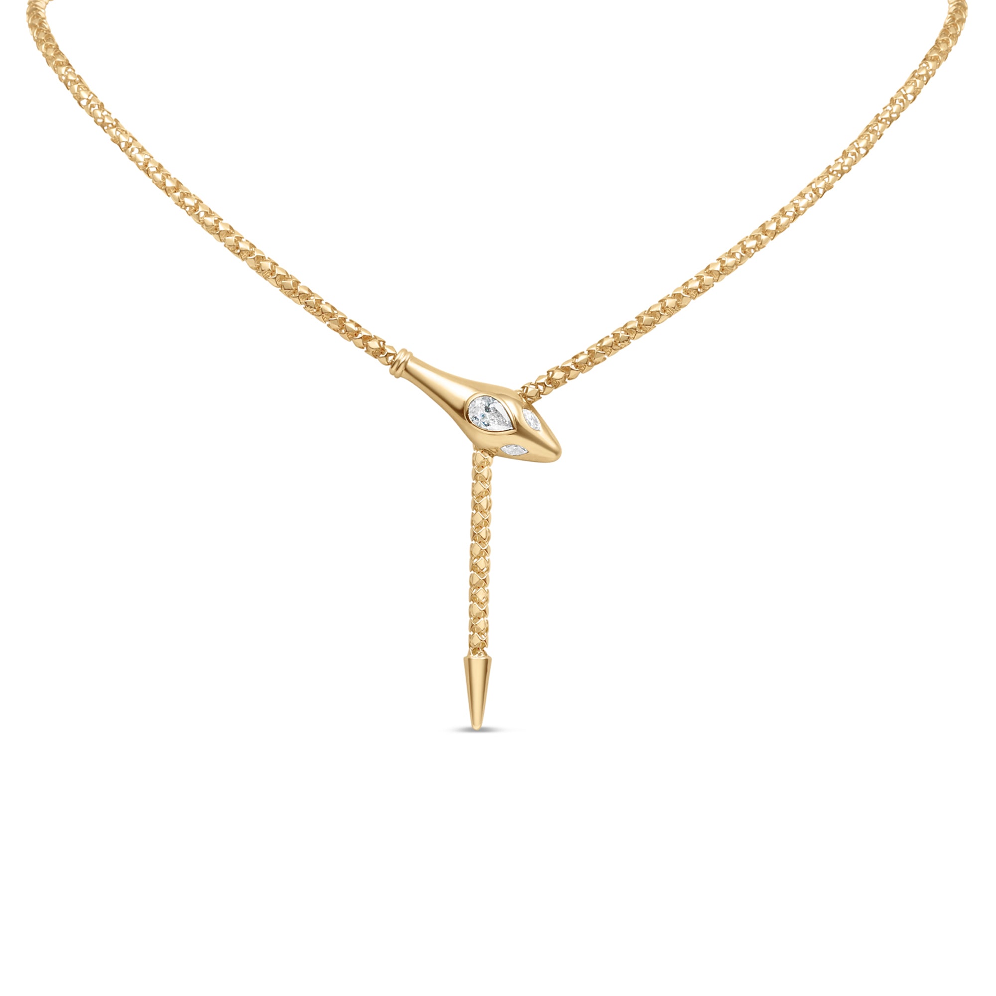 Exquisite diamond snake chain necklace crafted in 14K yellow gold, featuring a sleek serpentine design adorned with brilliant diamonds and an adjustable fit for versatile elegance. Close Up