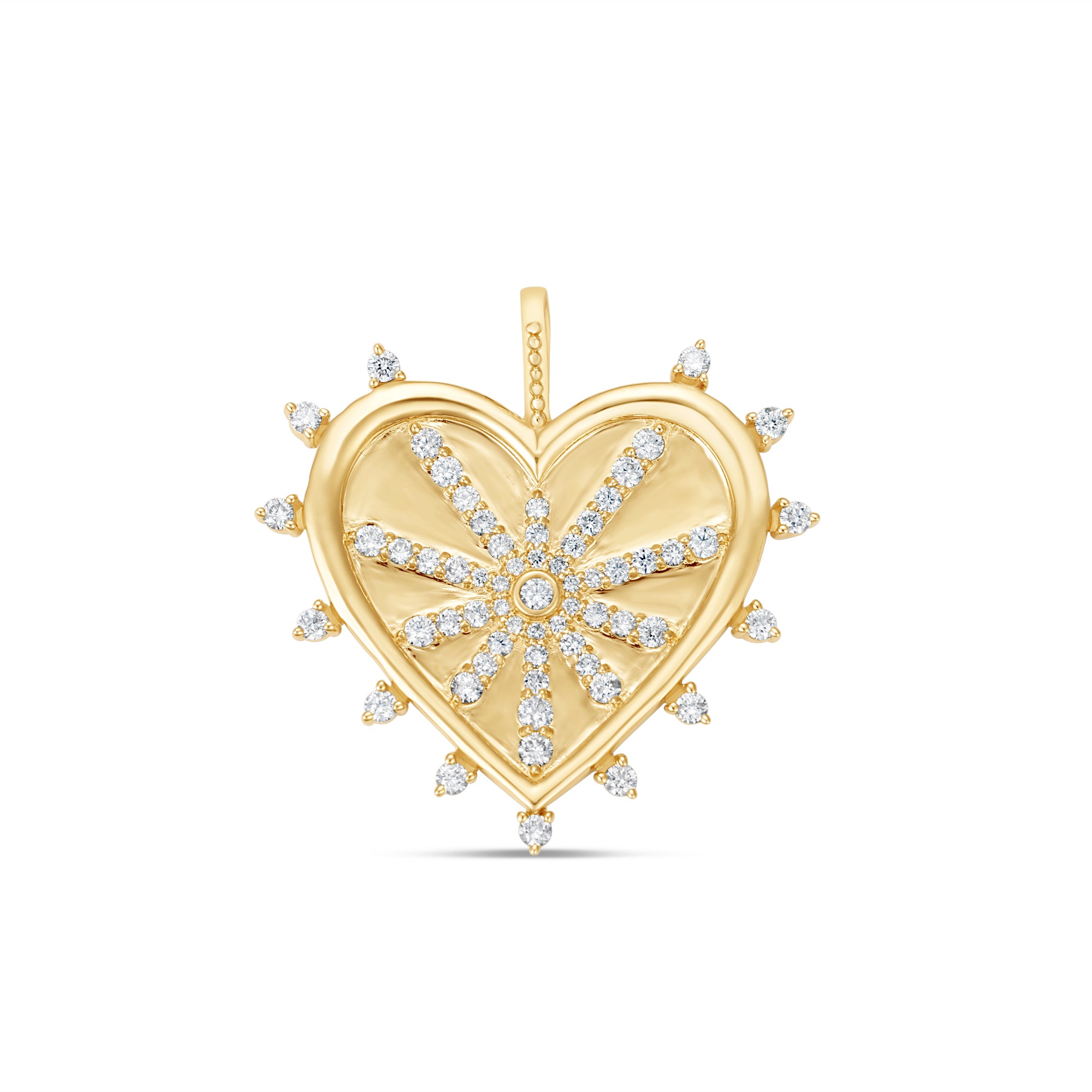 Exquisite heart charm crafted in radiant 14K yellow gold, featuring intricate diamond accents and a brilliant finish, adding timeless elegance and charm to any collection. 