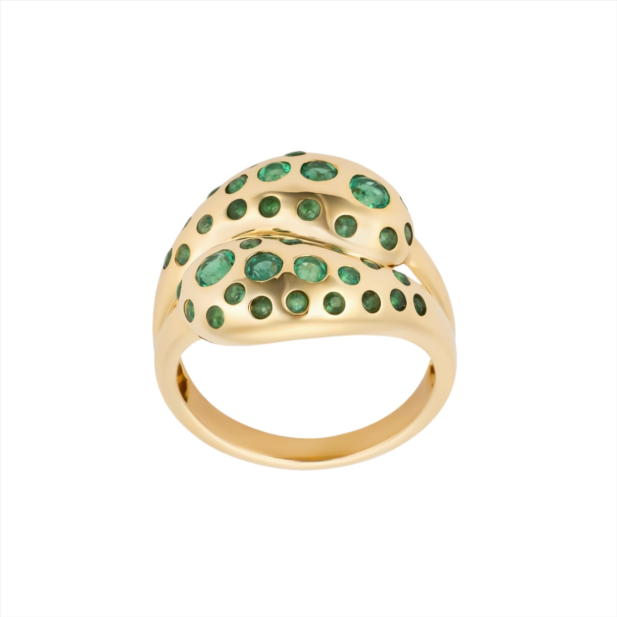 Beautiful 14K yellow gold knot ring featuring a vibrant spray of Zambian emeralds totaling 0.98ct, offering a luxurious and modern twist on a timeless design.