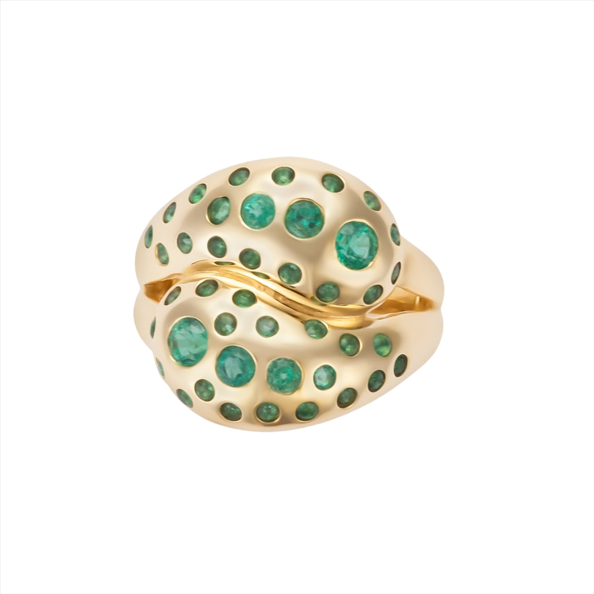 Beautiful 14K yellow gold knot ring featuring a vibrant spray of Zambian emeralds totaling 0.98ct, offering a luxurious and modern twist on a timeless design.