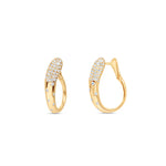 Delicately crafted 14K yellow gold loop hoop earrings featuring scattered diamonds, offering a modern yet graceful allure and versatile elegance for any look. Front and side view, close up.