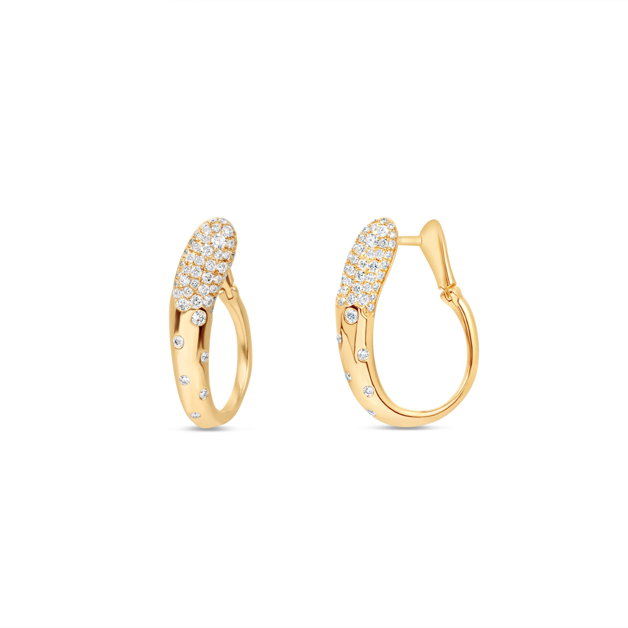 Delicately crafted 14K yellow gold loop hoop earrings featuring scattered diamonds, offering a modern yet graceful allure and versatile elegance for any look. Front and side view, close up.