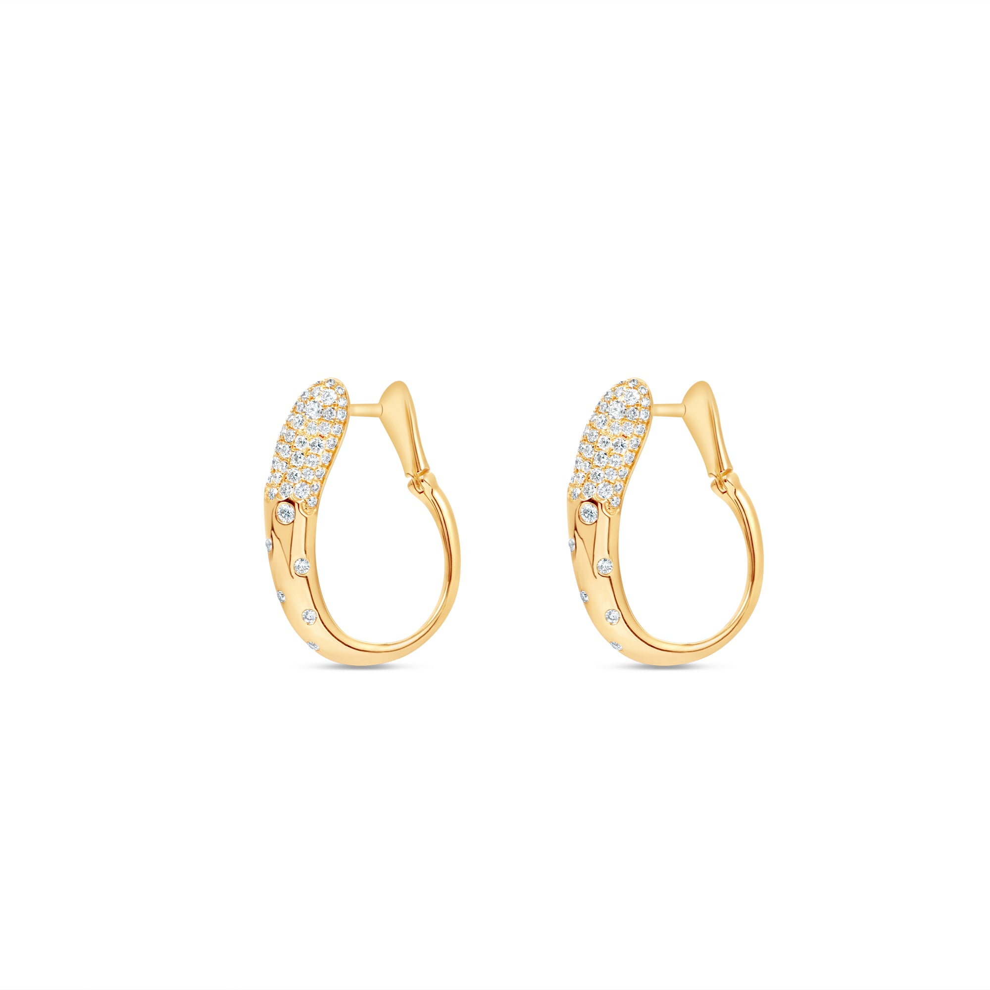 Delicately crafted 14K yellow gold loop hoop earrings featuring scattered diamonds, offering a modern yet graceful allure and versatile elegance for any look. Side View