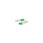Graceful 14K yellow gold bypass ring featuring radiant graduated diamonds and vibrant pear-cut emeralds, offering timeless sophistication and a captivating silhouette, making it the perfect gift. Close up of front view.
