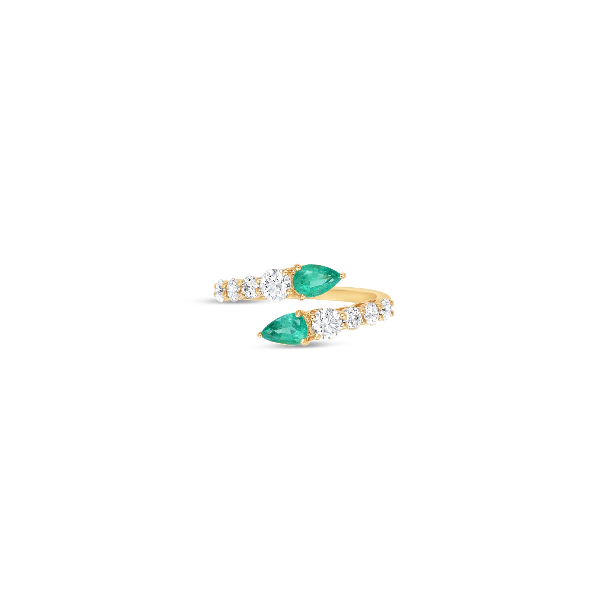 Graceful 14K yellow gold bypass ring featuring radiant graduated diamonds and vibrant pear-cut emeralds, offering timeless sophistication and a captivating silhouette, making it the perfect gift. Close up of front view.
