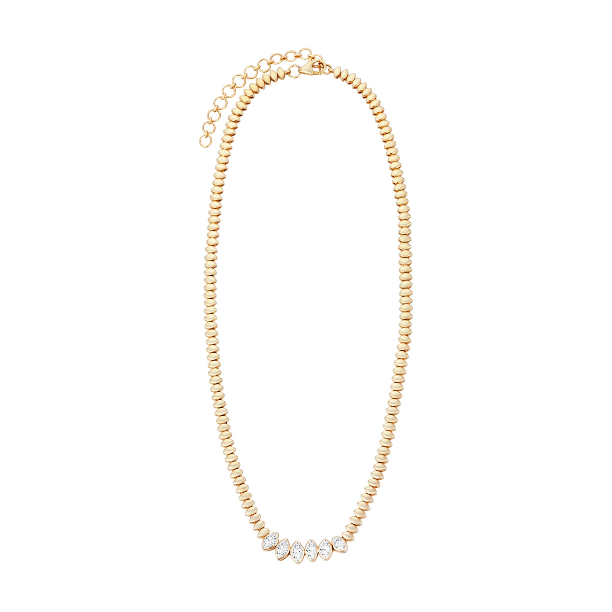 14K yellow gold necklace featuring six graduated marquis-cut diamonds (1.82ct total, G-H VS), bezel set and connected by gold marquis-shaped beads. Adjustable from 15 to 18 inches, with a total weight of 23.80g.