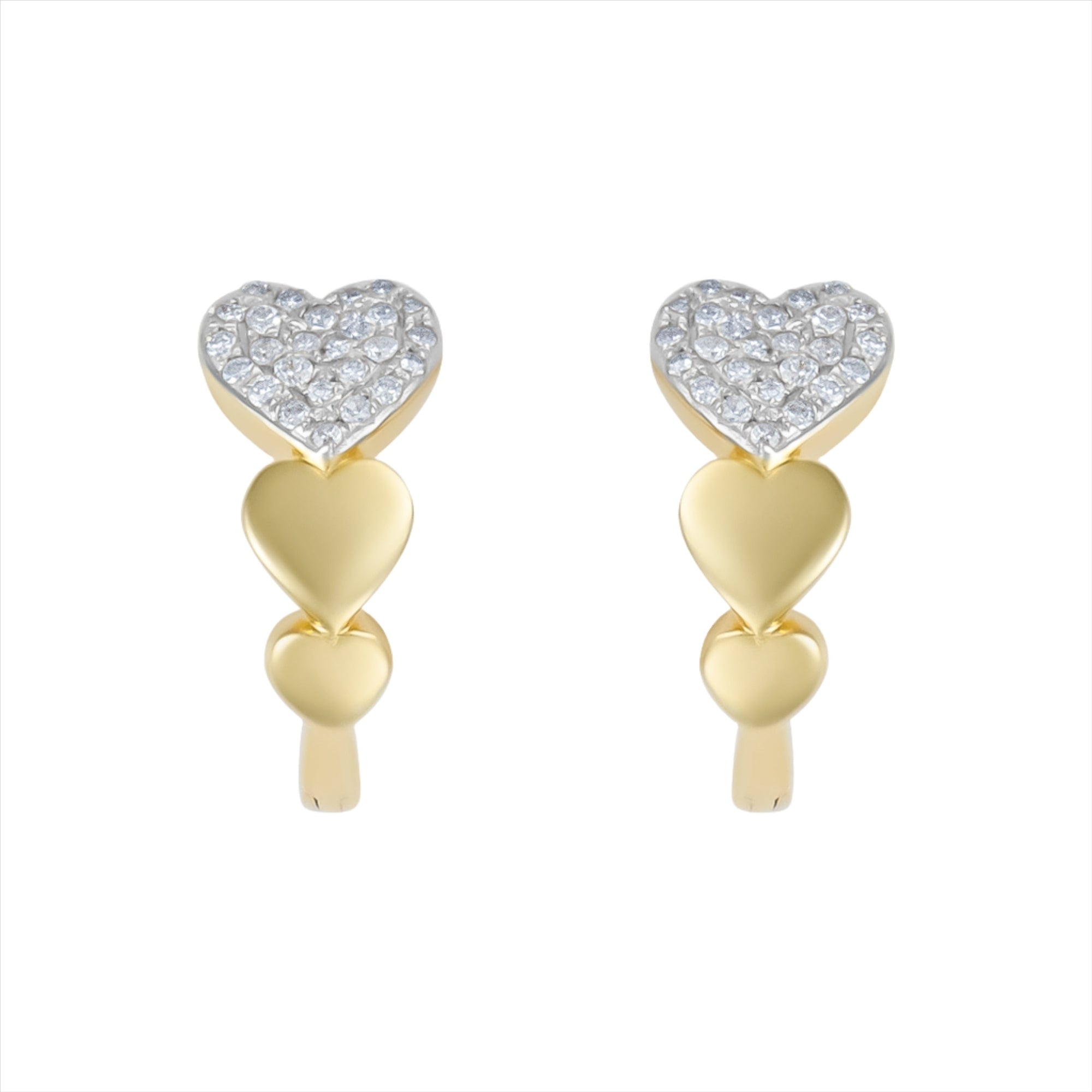 Charming 14K yellow gold heart-shaped huggie earrings featuring a bold pavé diamond heart centerpiece and a graceful graduated design. Compact at 0.50 inches, perfect for everyday sparkle with a romantic twist.