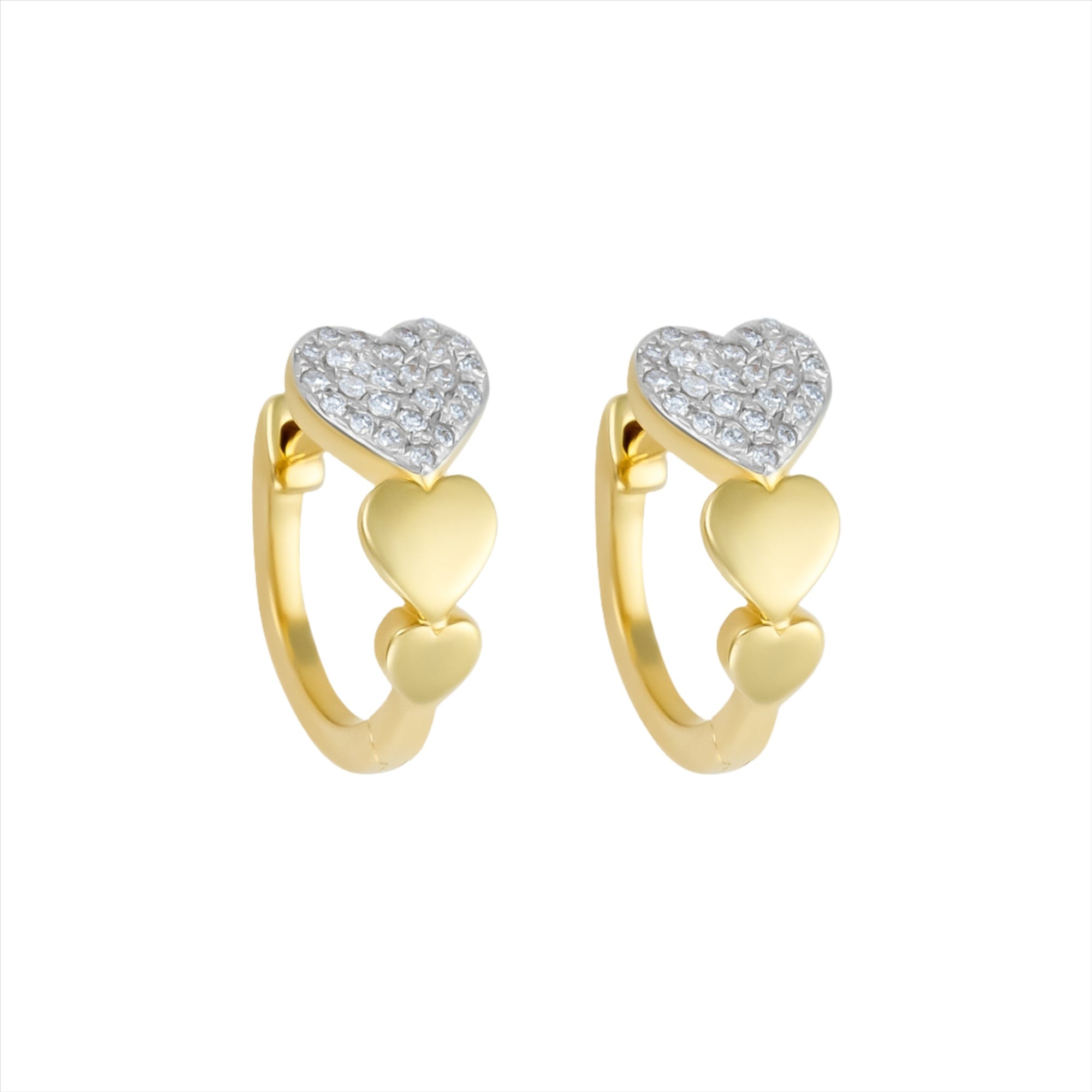 Charming 14K yellow gold heart-shaped huggie earrings featuring a bold pavé diamond heart centerpiece and a graceful graduated design. Compact at 0.50 inches, perfect for everyday sparkle with a romantic twist.