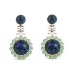 Stunning 18K yellow gold earth-inspired earrings featuring hand-carved azurite, chrysoprase, tourmaline, and aquamarine, accented with sparkling diamonds, evoking the beauty of nature in a luxurious statement piece.