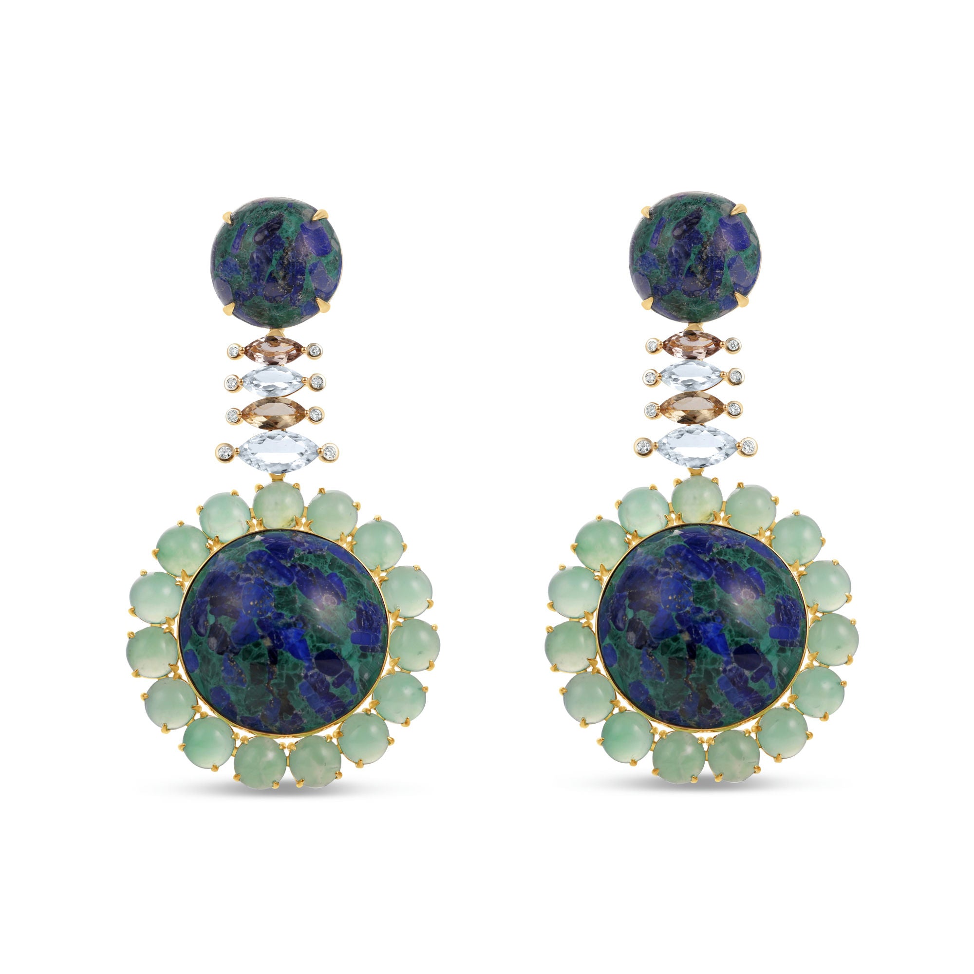 Stunning 18K yellow gold earth-inspired earrings featuring hand-carved azurite, chrysoprase, tourmaline, and aquamarine, accented with sparkling diamonds, evoking the beauty of nature in a luxurious statement piece.