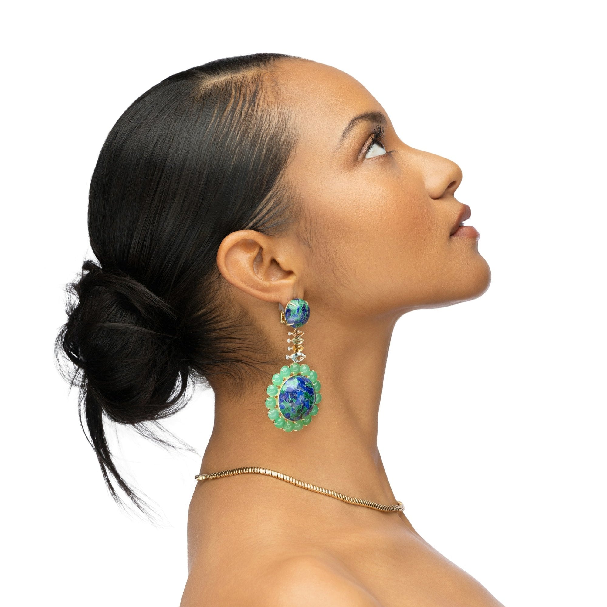 Stunning 18K yellow gold earth-inspired earrings featuring hand-carved azurite, chrysoprase, tourmaline, and aquamarine, accented with sparkling diamonds, evoking the beauty of nature in a luxurious statement piece.