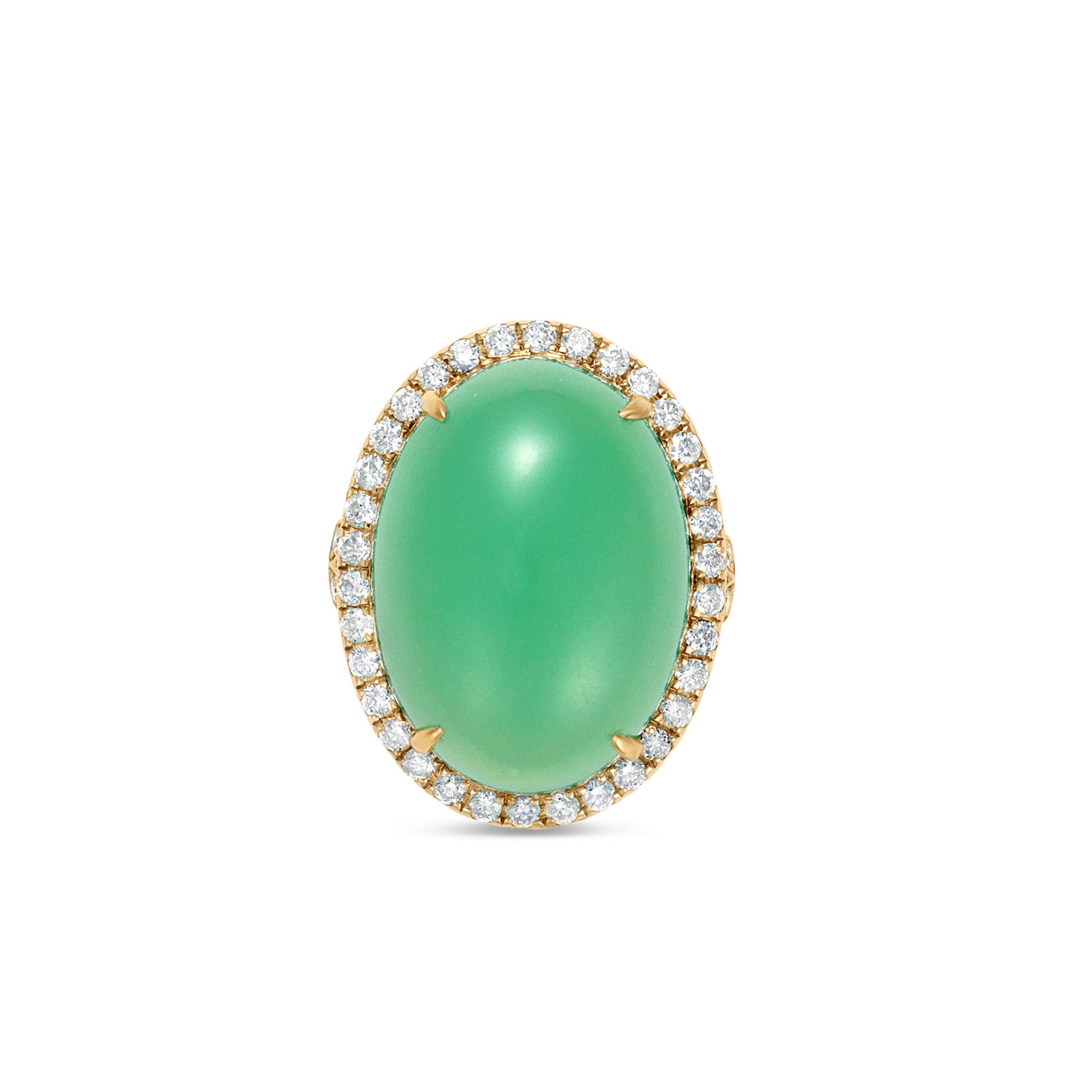 Luxurious 18K yellow gold halo ring featuring a luminous hand-carved chrysoprase cabochon, elegantly framed by brilliant-cut diamonds, blending natural beauty with timeless sophistication. Front close up. 